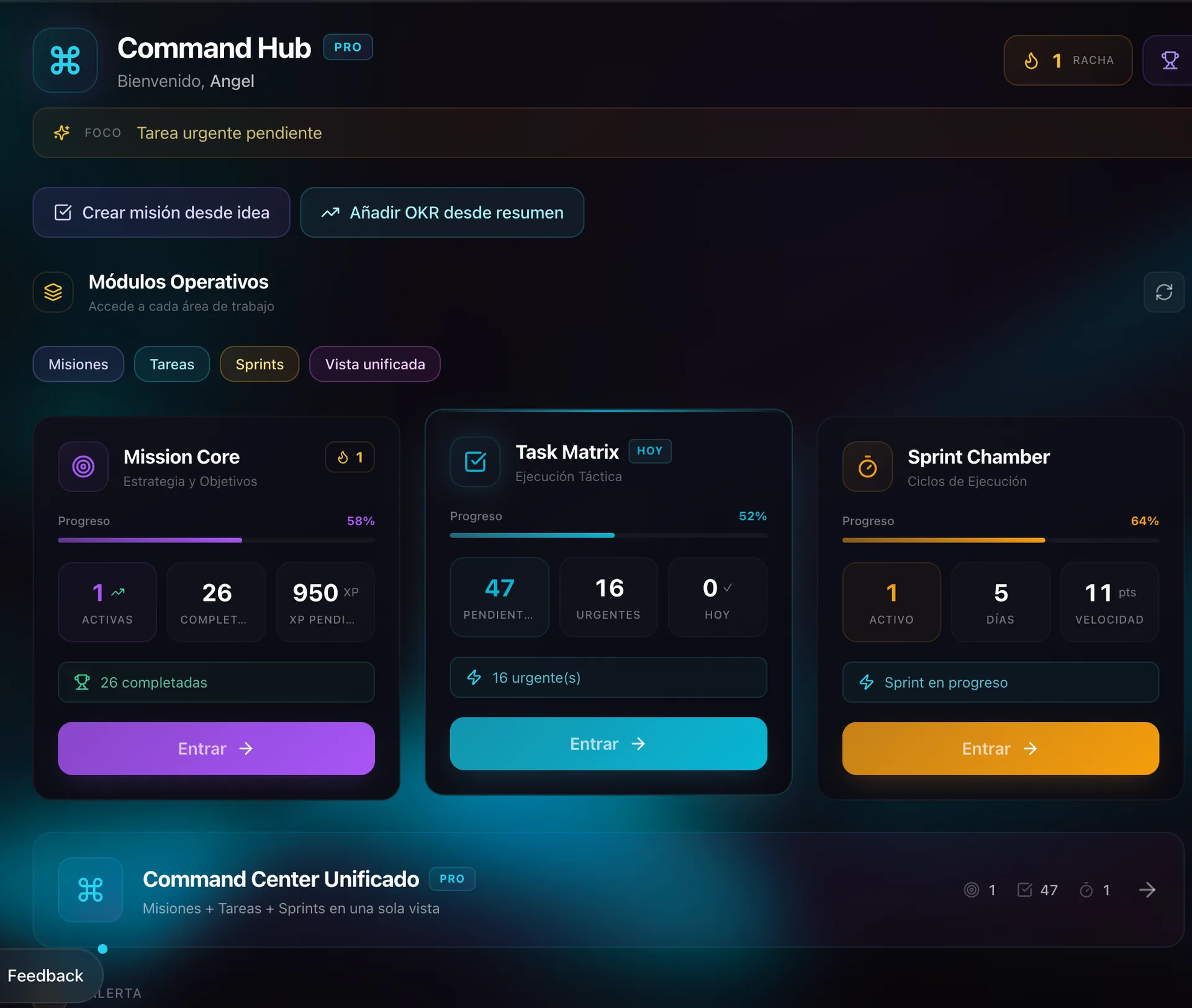 Dashboard interface of Command Hub app showing progress on Mission Core, Task Matrix, and Sprint Chamber modules with buttons to enter each section.