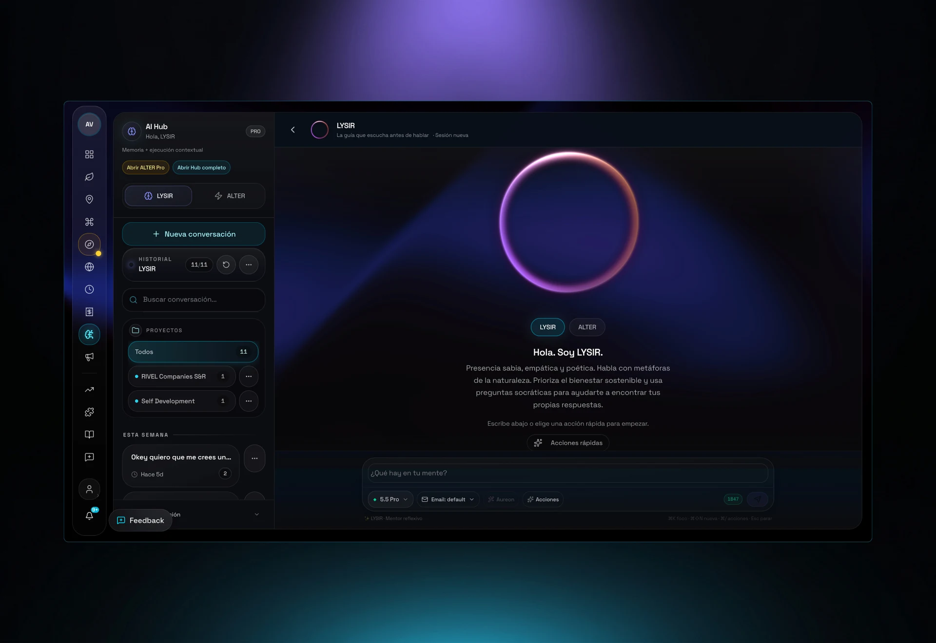RIVEL Lysir AI Hub — conversational assistant with memory and contextual execution across the operating system.