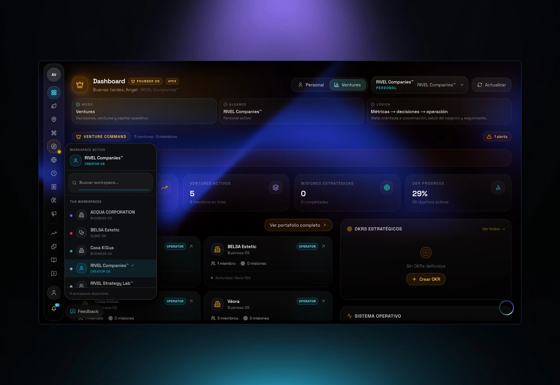 RIVEL OS Ventures dashboard — Venture Command across multi-tenant workspaces (ACQUA, BELSA Estétic, Casa KiGua, RIVEL Strategy Lab) with active ventures, strategic missions, and OKR progress.